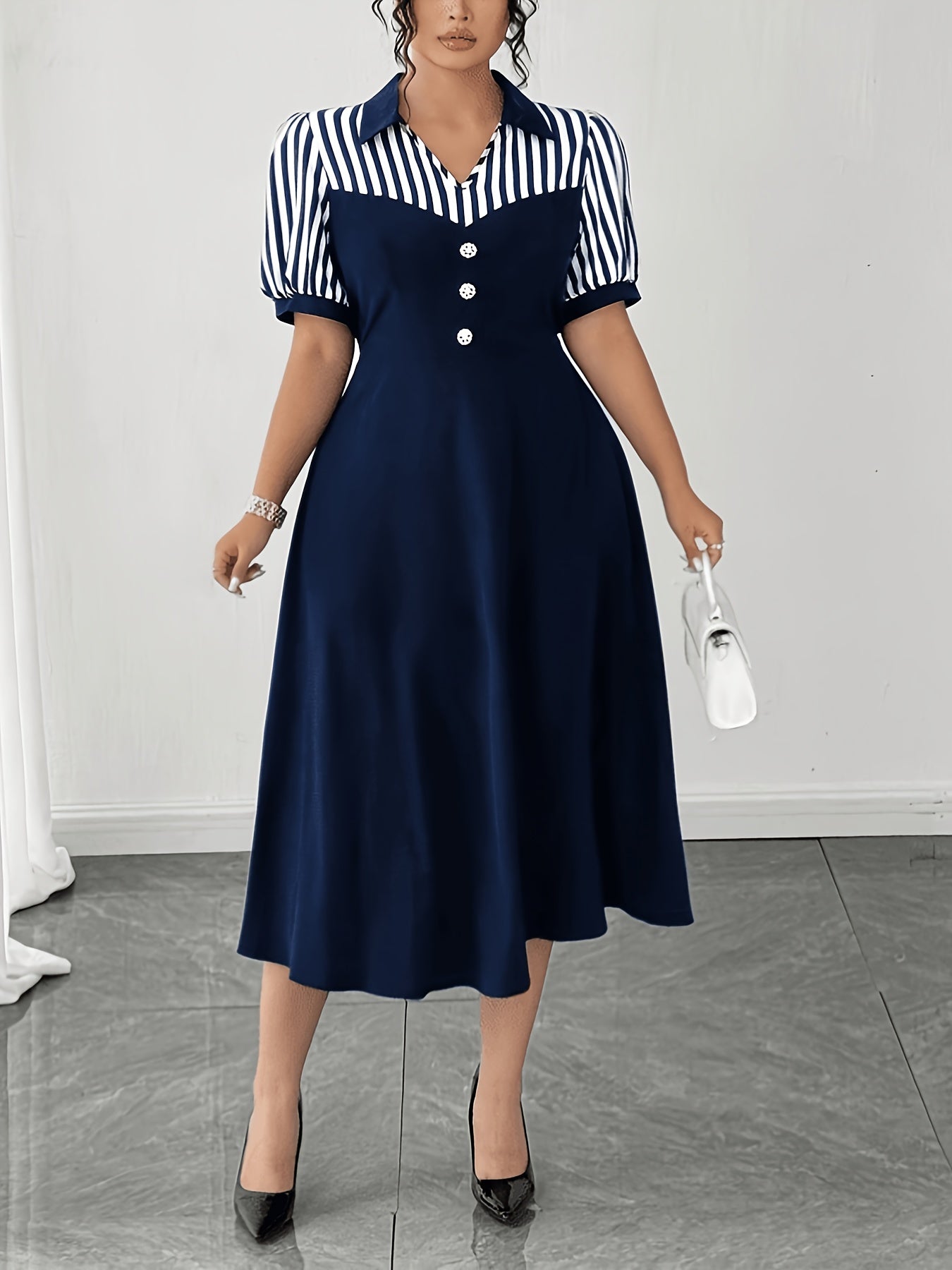 Elegant Navy Striped Midi Dress for Women with Collar Short Sleeve Button Front A Line Style