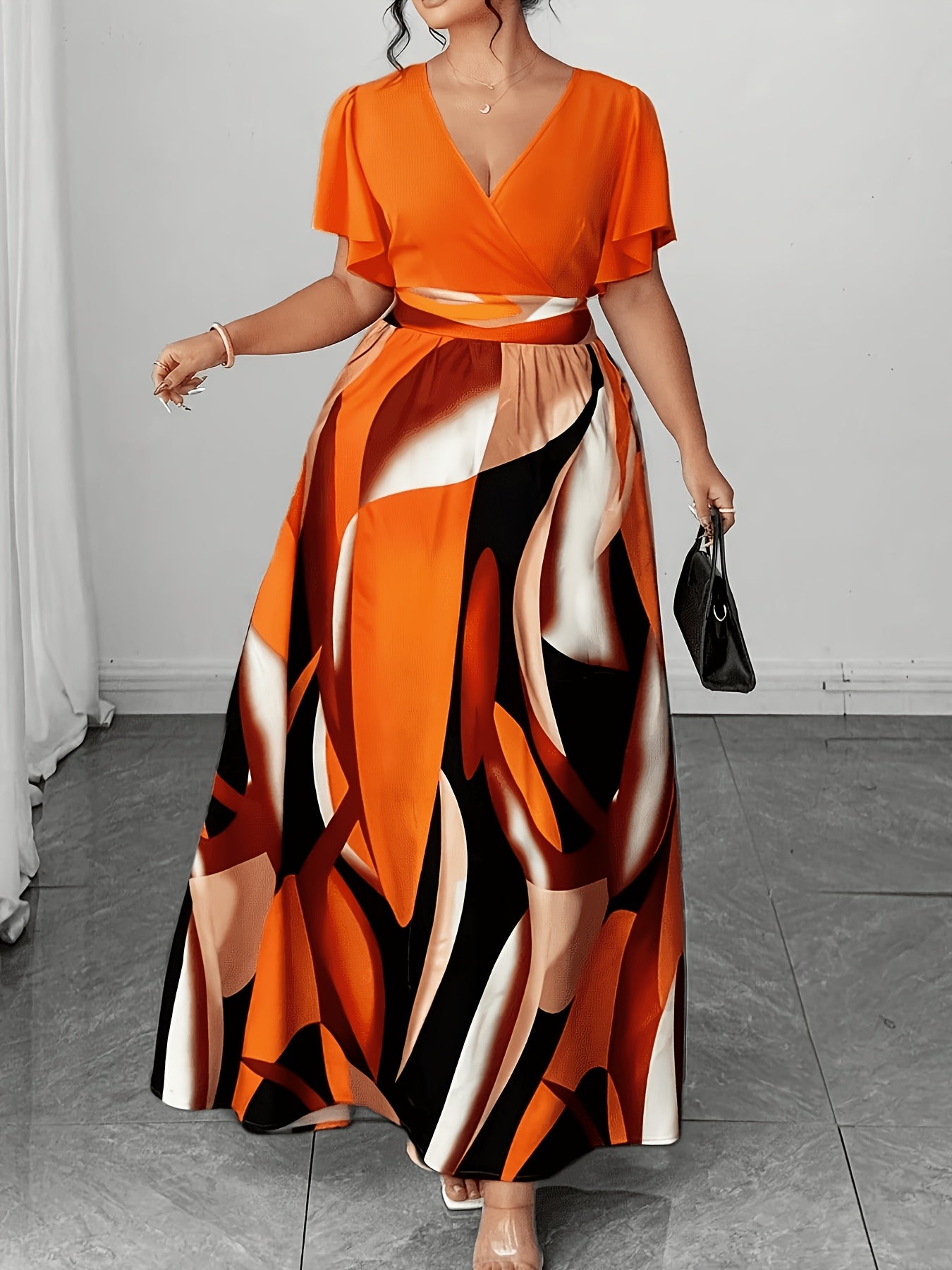 Elegant Orange Geometric Print Maxi Dress for Women with V Neck Flutter Sleeve Wrap Tie Waist Flowing Style