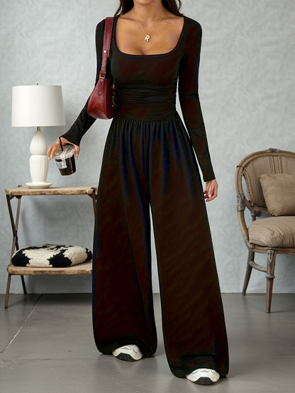 Elegant Black Jumpsuit for Women with Square Neck Long Sleeve Ruched Wide Leg Style