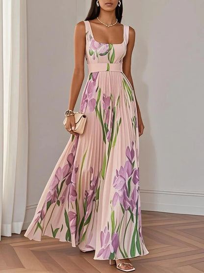 Elegant Floral Maxi Dress for Women with Square Neck Sleeveless Pleated Belted Wedding Guest Style