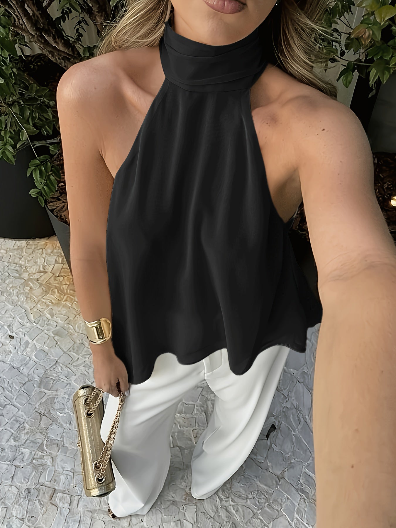 Elegant Chiffon Halter Blouse for Women with High Neck Sleeveless Flowing Asymmetrical Style
