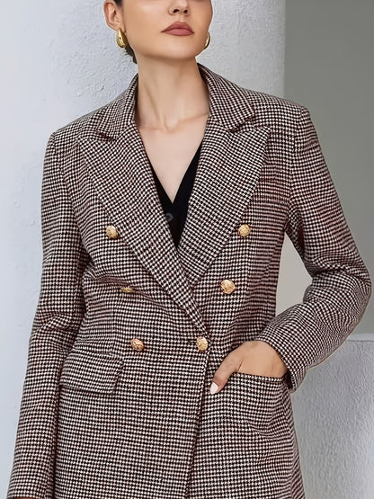 Elegant Coffee Brown Houndstooth Blazer for Women with Notched Lapel Long Sleeve Double Breasted Oversized Style