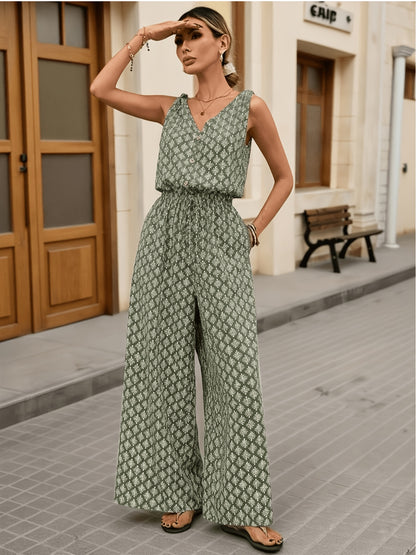 Effortless Olive Geometric Print Jumpsuit for Women with V Neck Sleeveless Button Front Wide Leg Style