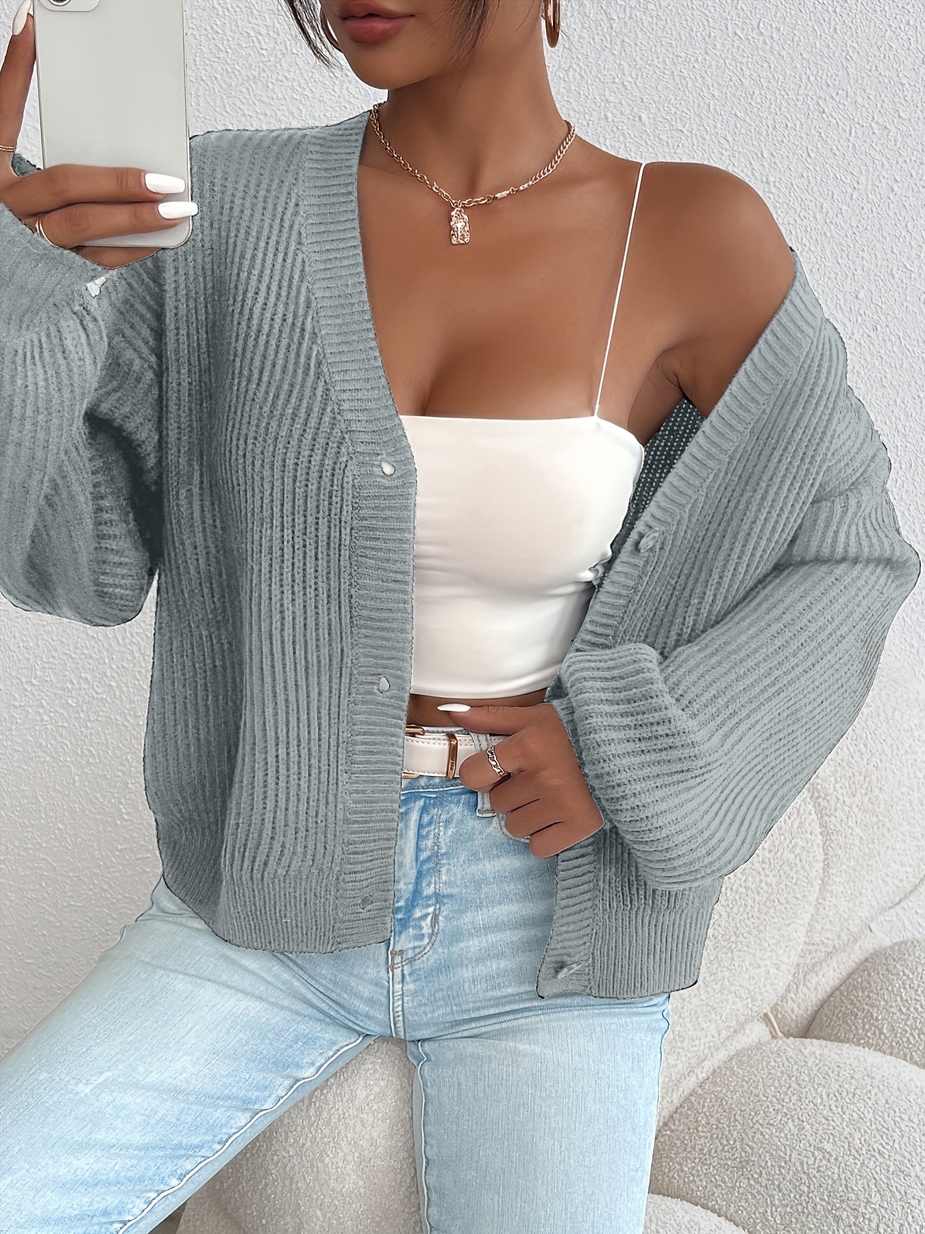 Comfortable Ribbed Knit Cardigan for Women with V Neck Long Sleeve Button Front Oversized Relaxed Style