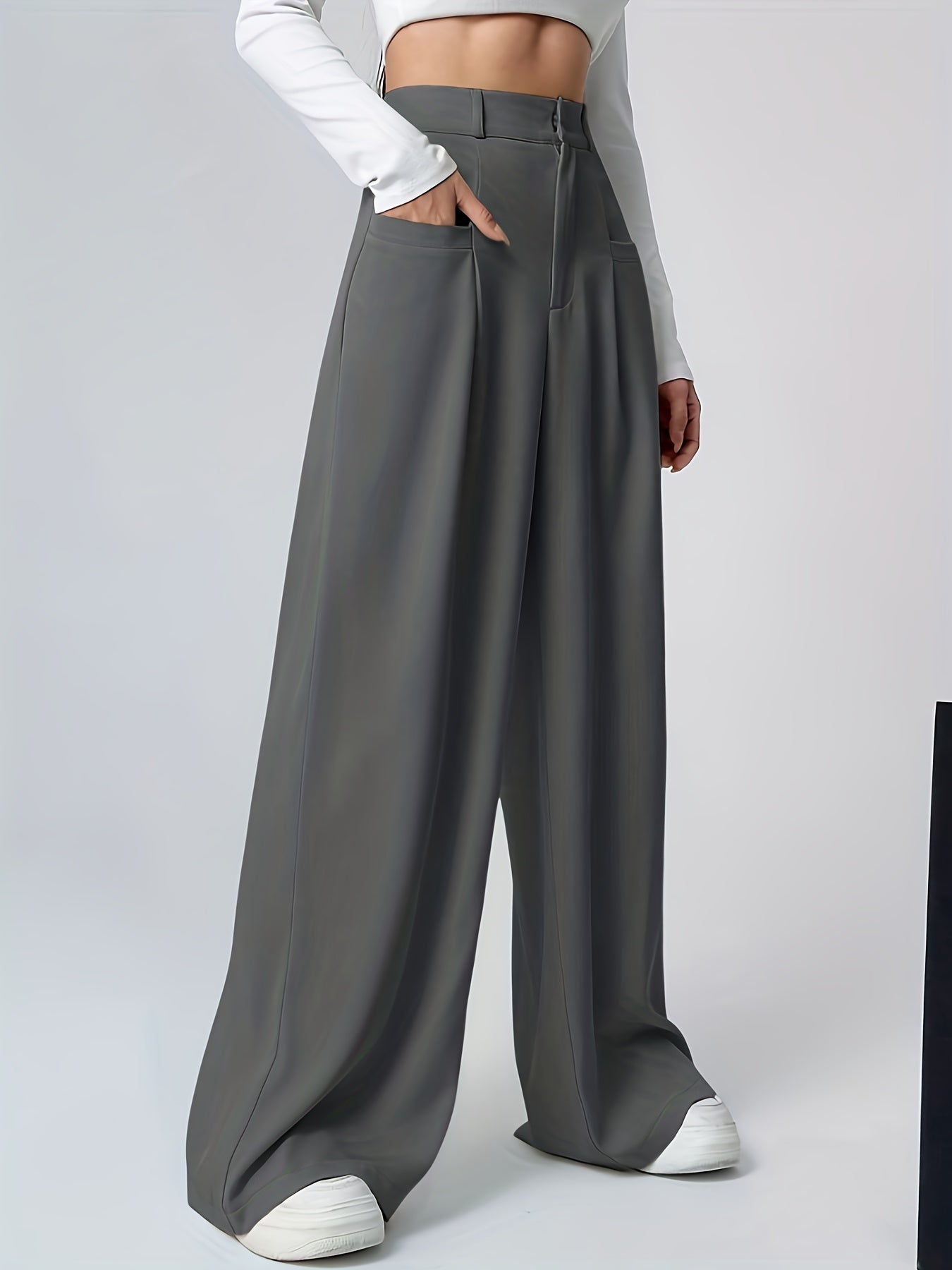 Elegant Khaki Wide Leg Pants for Women with High Waist Pleated Tailored Relaxed Style
