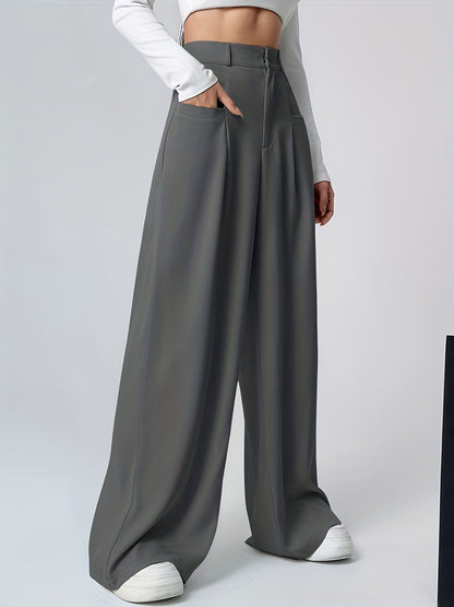 Elegant Khaki Wide Leg Pants for Women with High Waist Pleated Tailored Relaxed Style