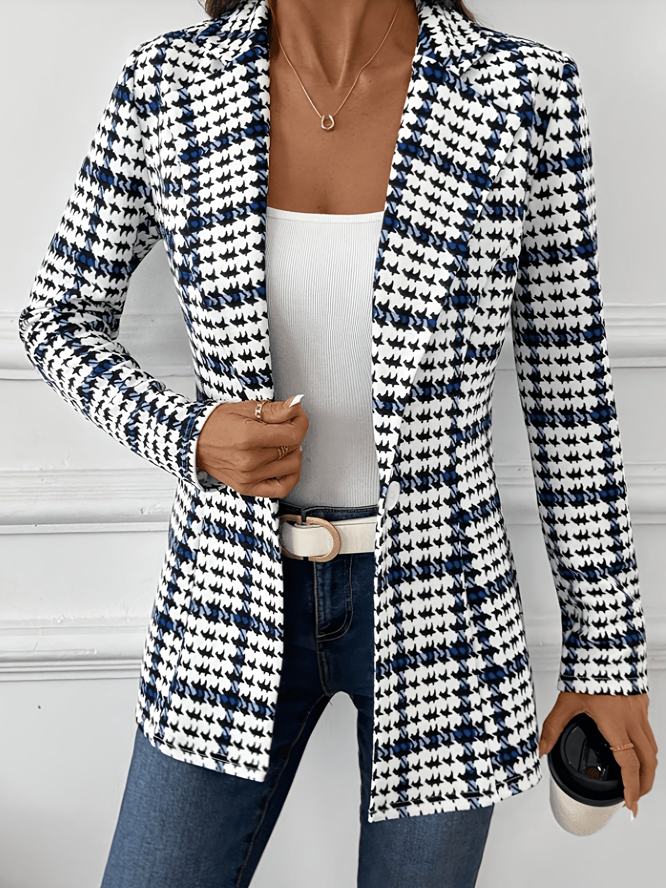 Elegant Black and Blue Houndstooth Blazer for Women with Notched Lapel Long Sleeve Open Front Tailored Style
