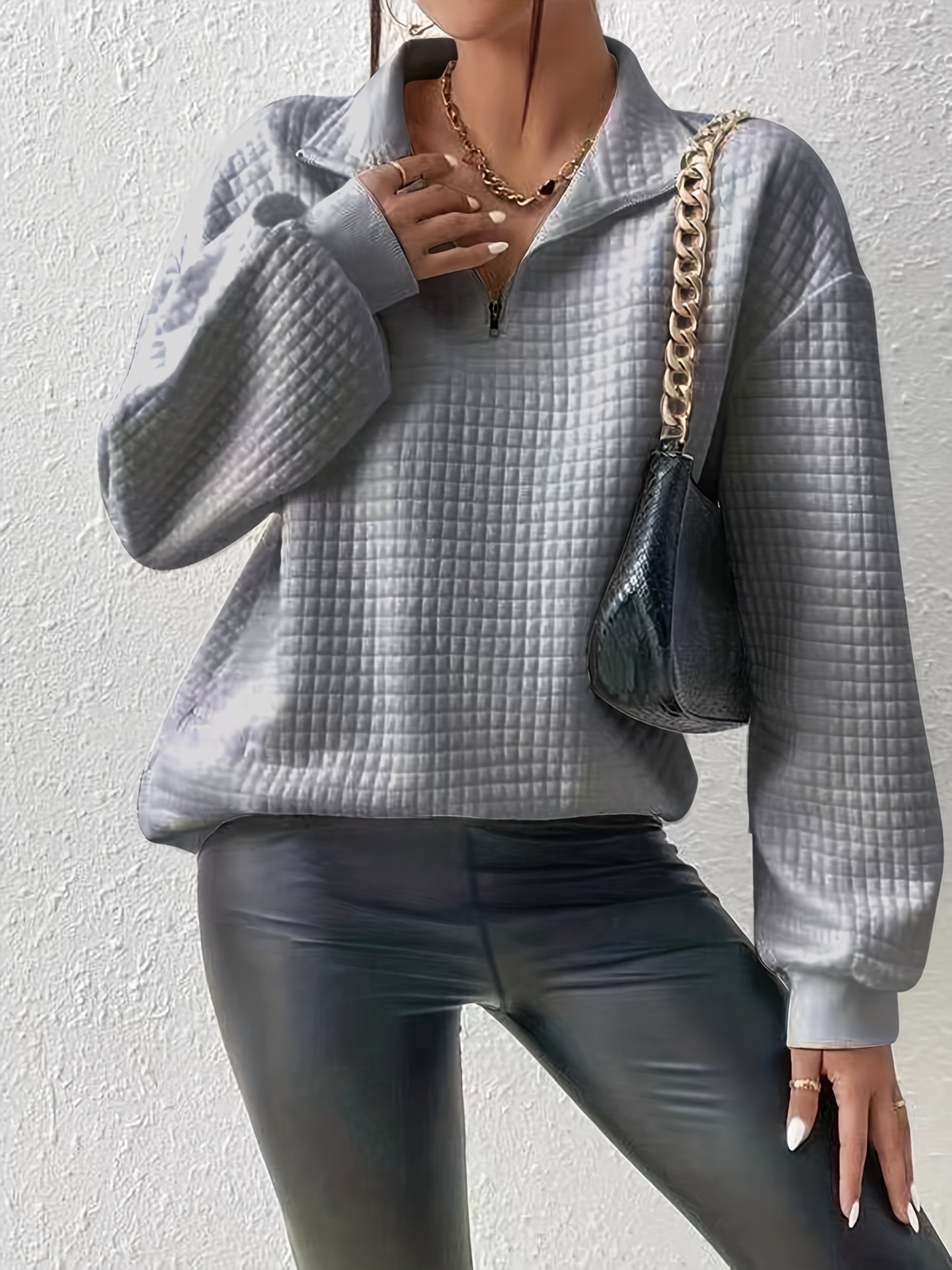Comfortable and Loose Waffle Solid Standing Neck Zipper Long Sleeve Panel Women's Sweater