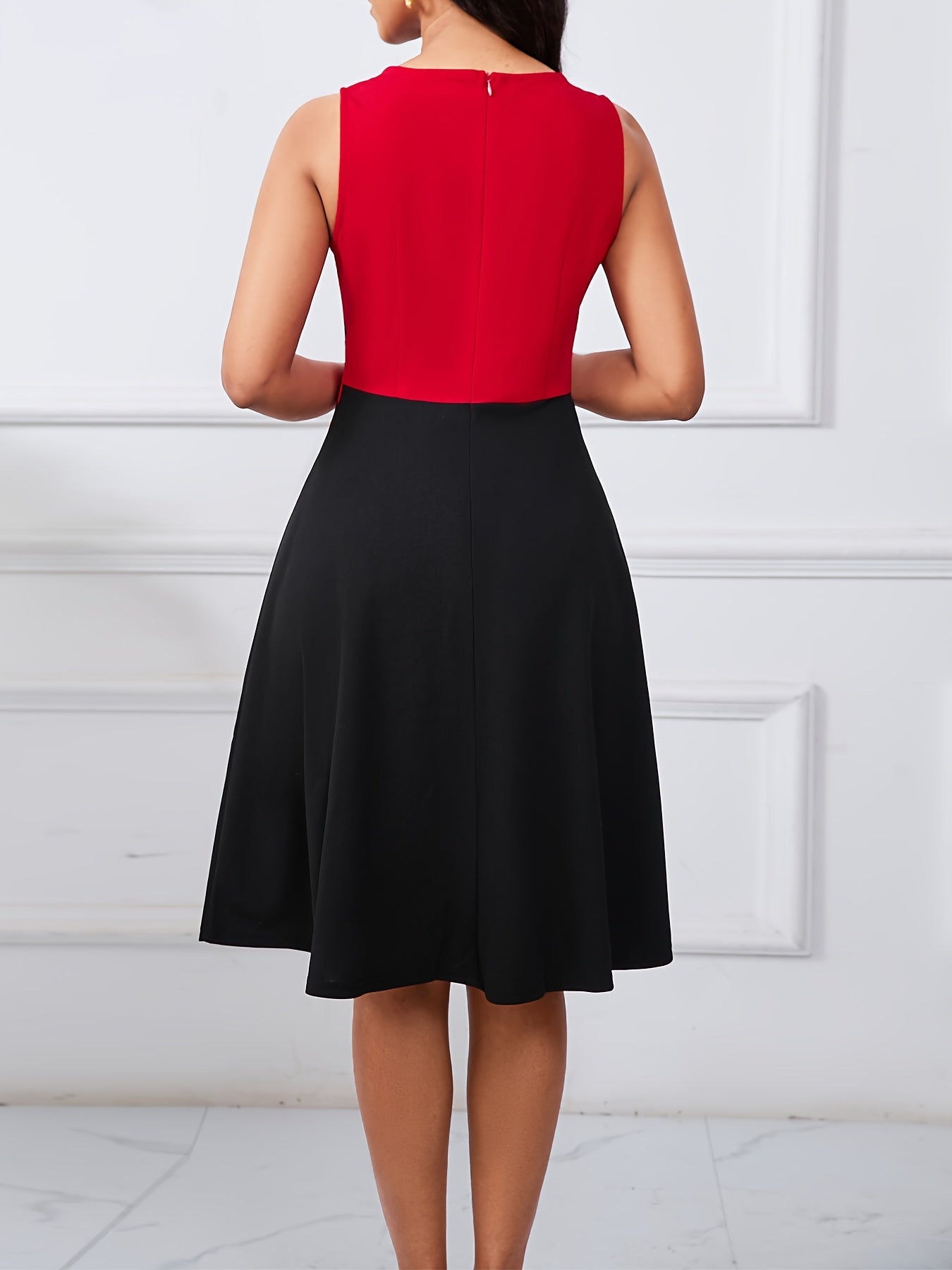 Elegant Red Colorblock Midi Dress for Women with Notch Neck Sleeveless Crisscross Waist Cocktail Style