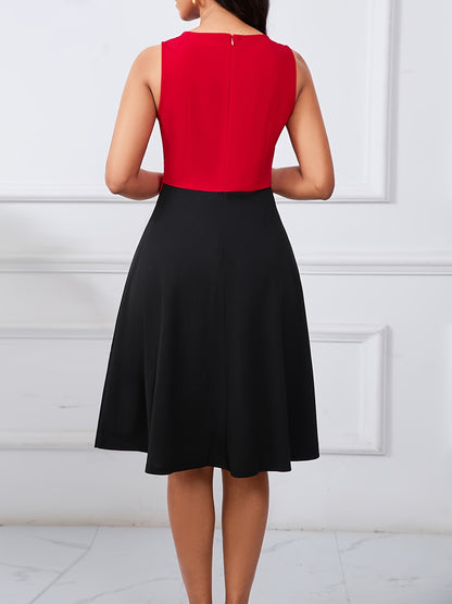 Elegant Red Colorblock Midi Dress for Women with Notch Neck Sleeveless Crisscross Waist Cocktail Style