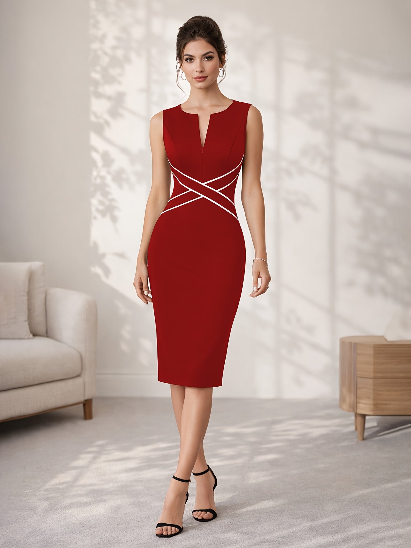 Elegant Contrast Trim Sheath Dress for Women with Split Neck Sleeveless Crisscross Waist Bodycon Cocktail Style