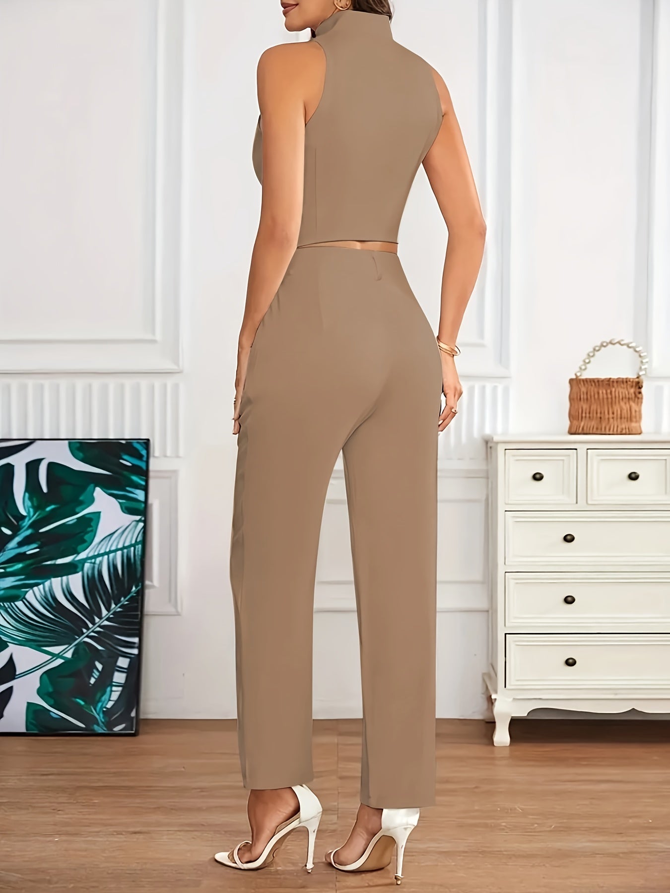Elegant Vest Two Piece Set for Women with V Neck Sleeveless Button Front Tailored Style