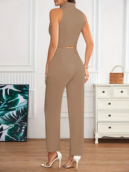 Elegant Vest Two Piece Set for Women with V Neck Sleeveless Button Front Tailored Style