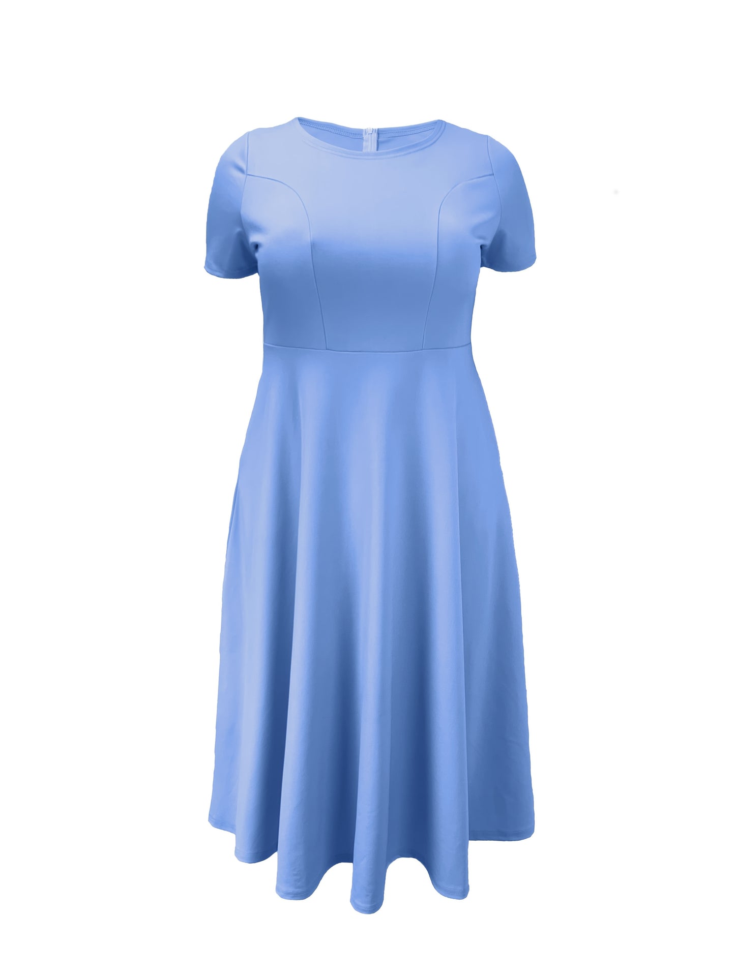 Elegant Rose Red Midi Dress for Women with Round Neck Short Sleeve Fit and Flare Pocket Style