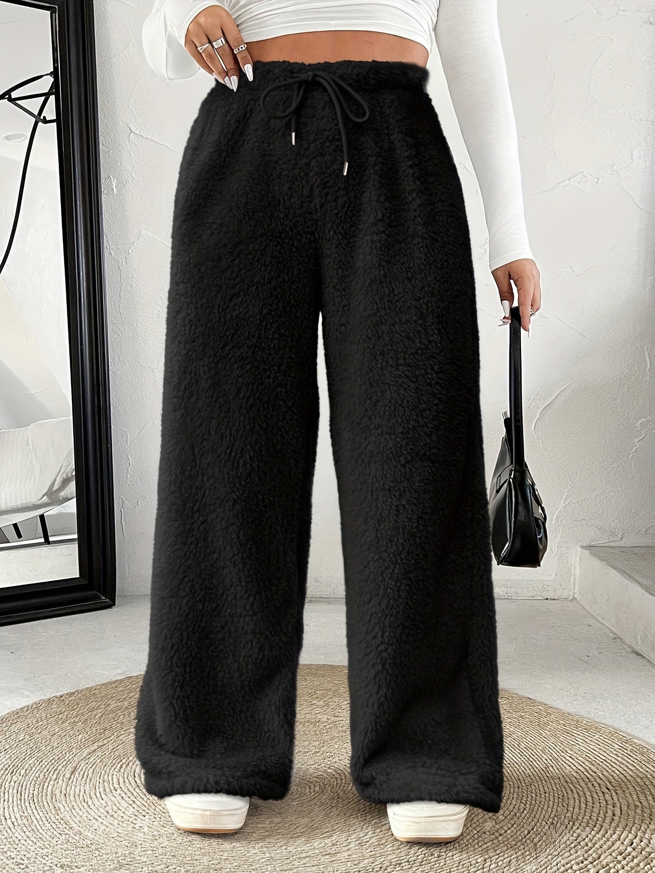 Comfortable Sherpa Wide Leg Pants for Women with High Waist Drawstring Relaxed Flowing Casual Style