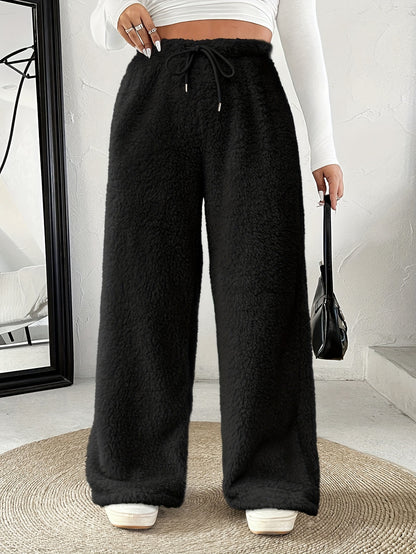 Comfortable Sherpa Wide Leg Pants for Women with High Waist Drawstring Relaxed Flowing Casual Style