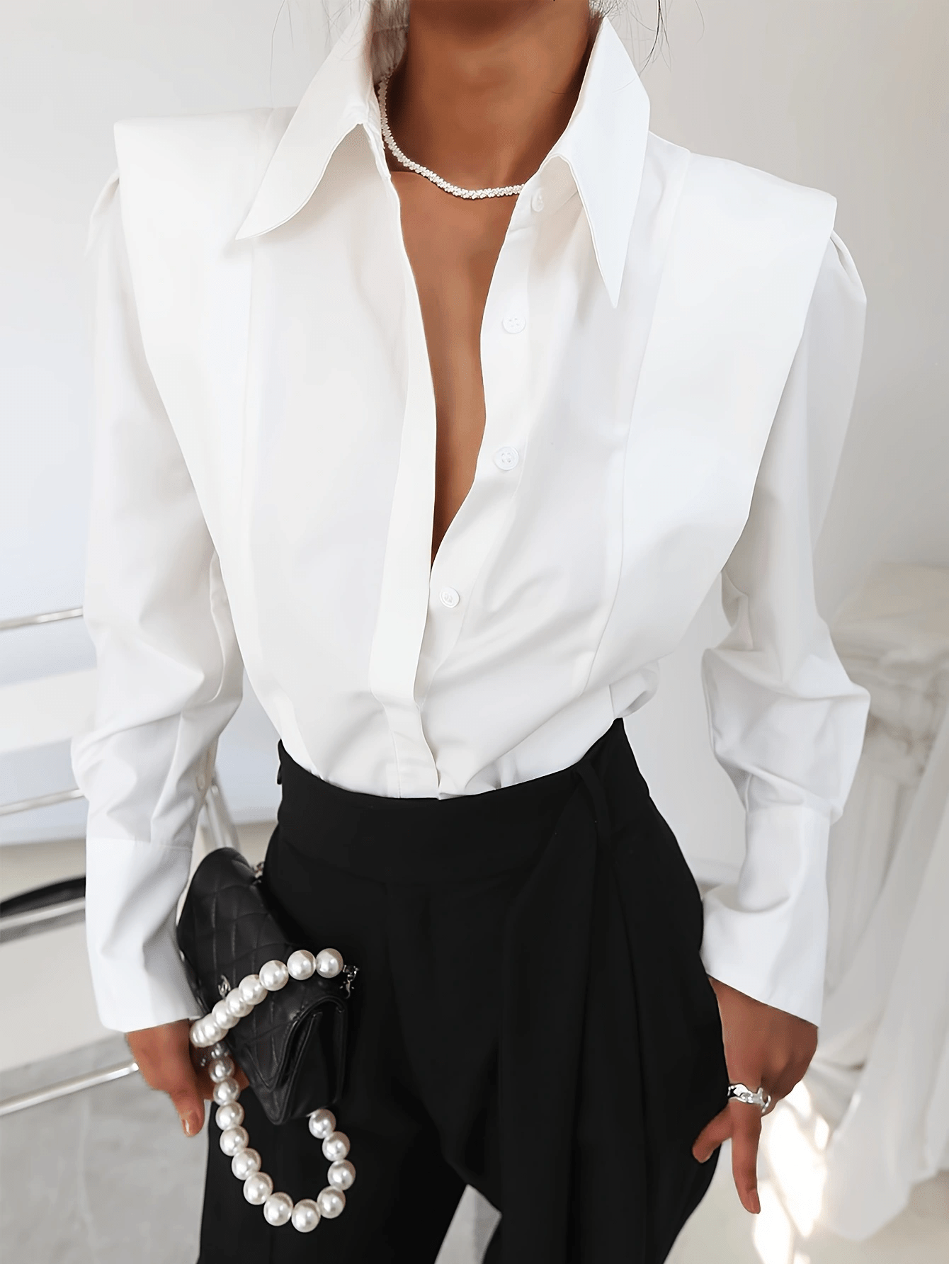Elegant Blouse for Women with Collar Long Sleeve Structured Shoulder Button Front Tailored Style