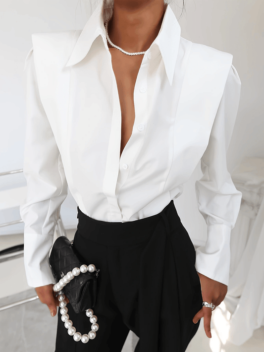 Elegant Blouse for Women with Collar Long Sleeve Structured Shoulder Button Front Tailored Style