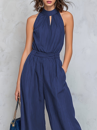 Elegant Navy Blue Jumpsuit for Women with Halter Keyhole Neck Wide Leg Relaxed Style