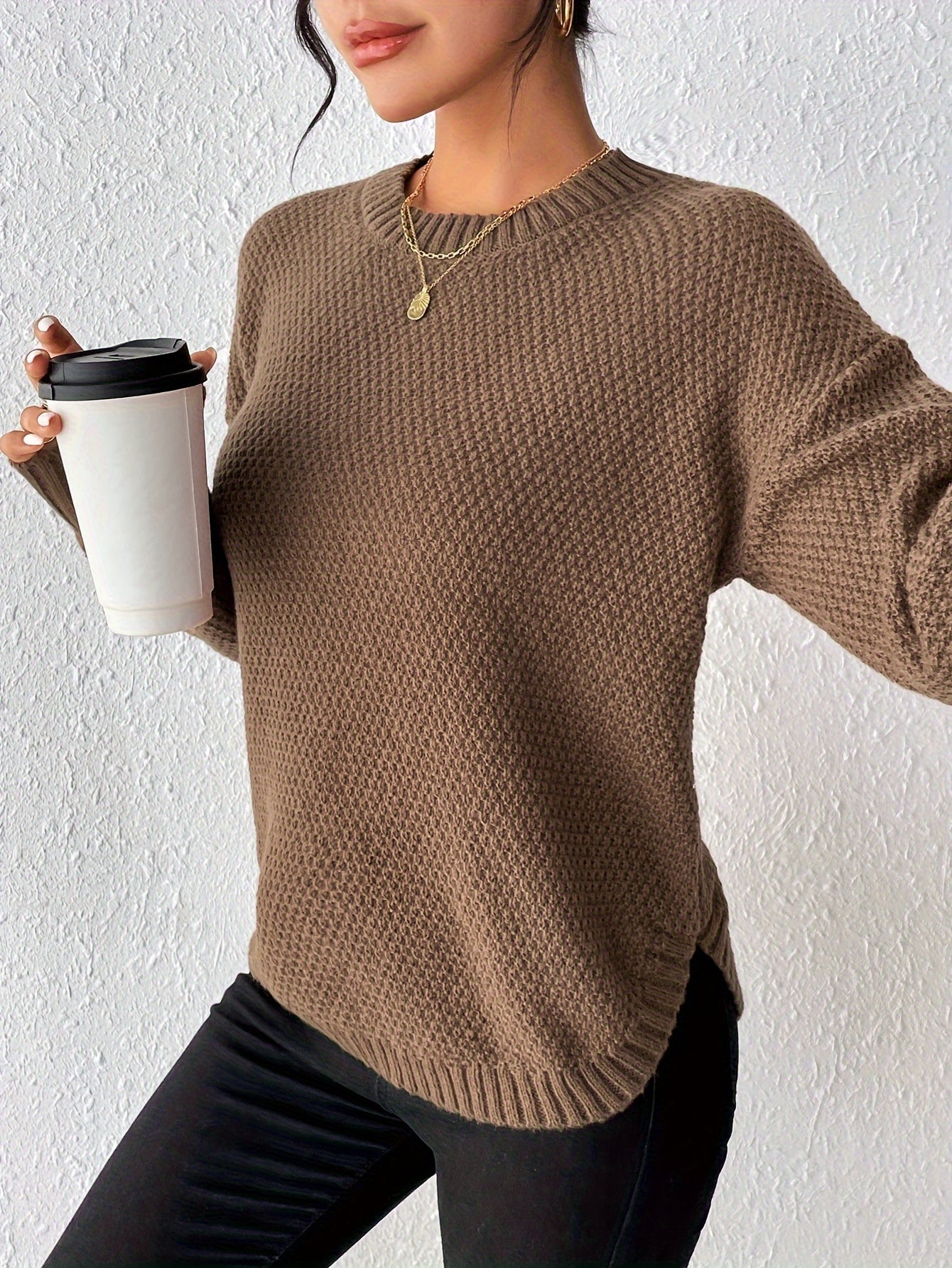 Women's Pullover Sweater, Solid Color Round Neck Loose-Fit, Simple Versatile Long Sleeve, Sweater Top