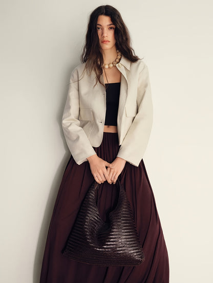 Elegant Apricot Wide Leg Set for Women with Collar Long Sleeve Button Front Cropped Jacket Two Piece Style