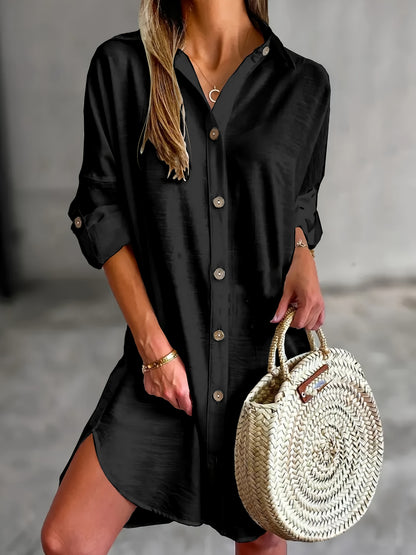 Effortless Button Front Shirt Dress for Women with Collar Long Sleeve Relaxed Casual Style
