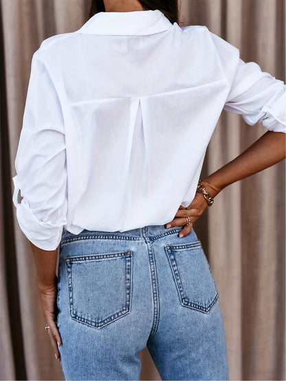 Effortless White Cotton Blouse for Women with Collar V Neck Elbow Sleeve High Low Casual Style