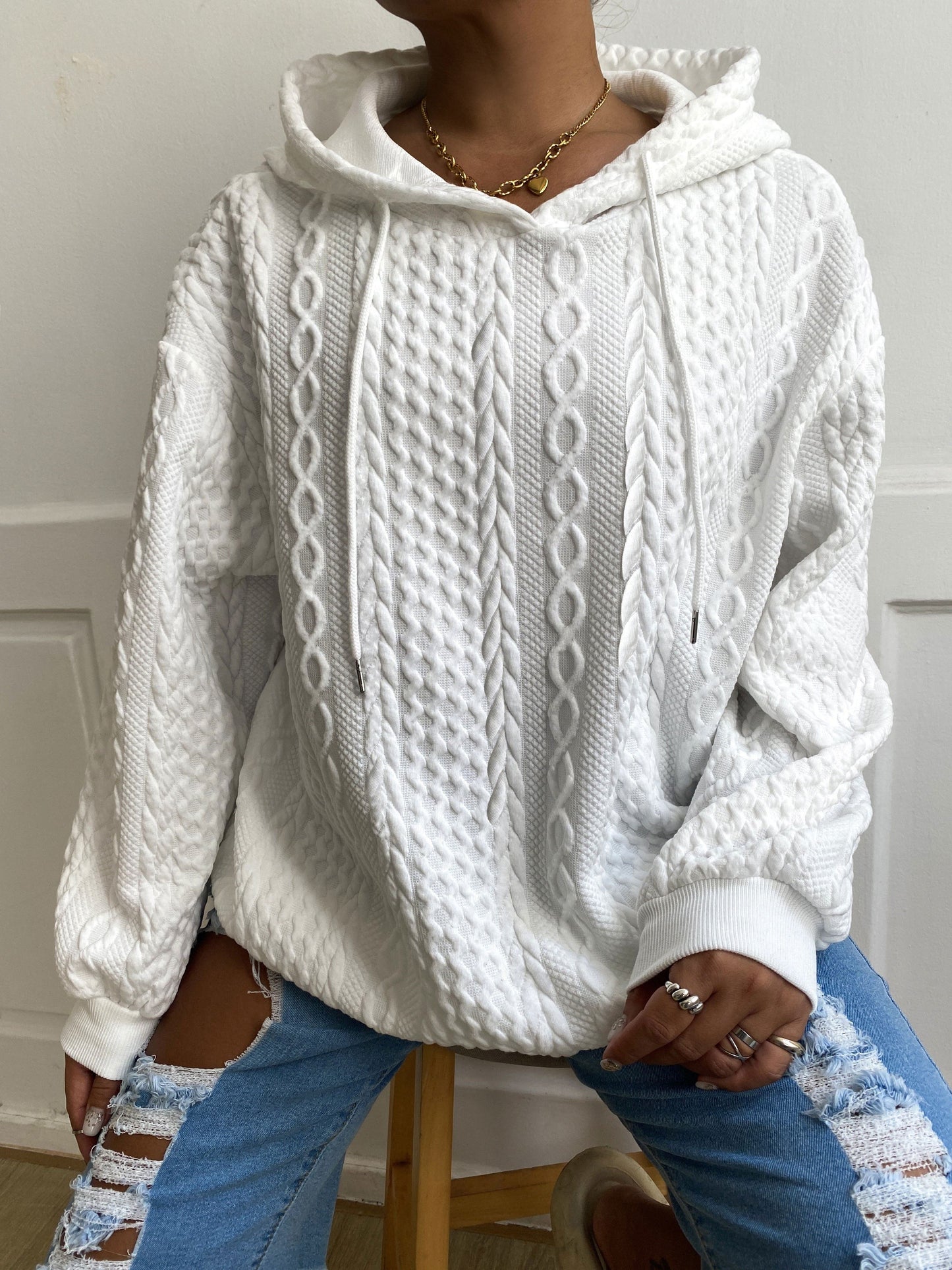 Plus Size Casual Hoodie, Women's Plus Solid Ribbed Long Sleeve Slight Stretch Hoodie Drawstring Sweatshirt