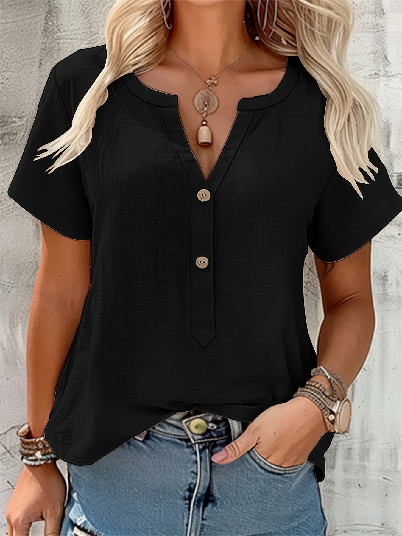 Effortless Textured Linen Blouse for Women with Notch V Neck Short Sleeve Button Front Relaxed Style