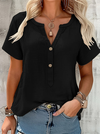 Effortless Textured Linen Blouse for Women with Notch V Neck Short Sleeve Button Front Relaxed Style
