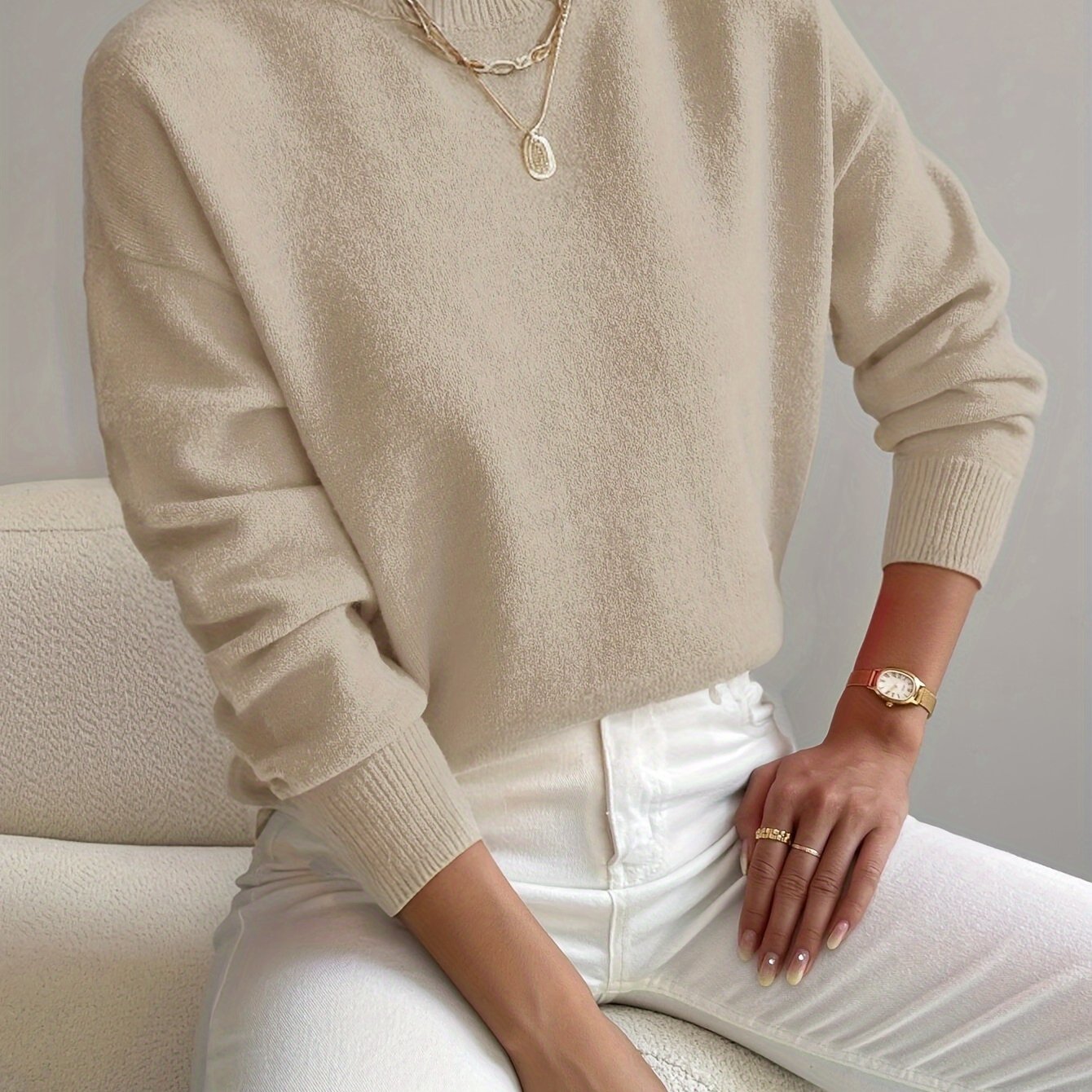 Comfortable Ribbed Sweater for Women with High Neck Long Sleeve Relaxed Oversized Knit Style