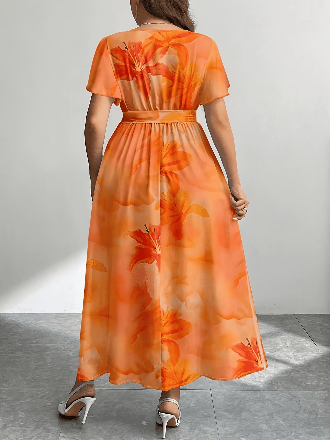 Effortless Multicolor Floral Maxi Dress for Women with V Neck Flutter Sleeve Wrap Belted Flowing Bohemian Style