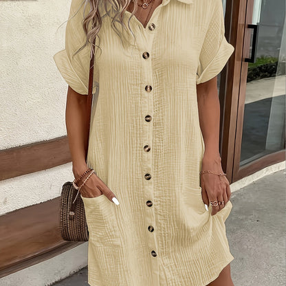 Effortless Textured Cotton Shirt Dress for Women with Collar Short Sleeve Button Front Relaxed Style