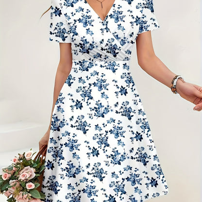 Effortless Blue Floral Midi Dress for Women with V Neck Short Sleeve Wrap Fit and Flare Style
