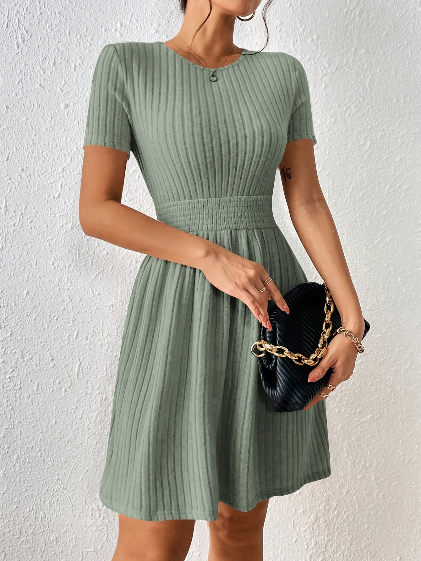 Comfortable Ribbed Knit Mini Dress for Women with Round Neck Short Sleeve Smocked Waist Casual Style
