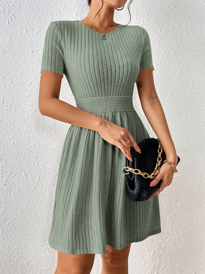 Comfortable Ribbed Knit Mini Dress for Women with Round Neck Short Sleeve Smocked Waist Casual Style