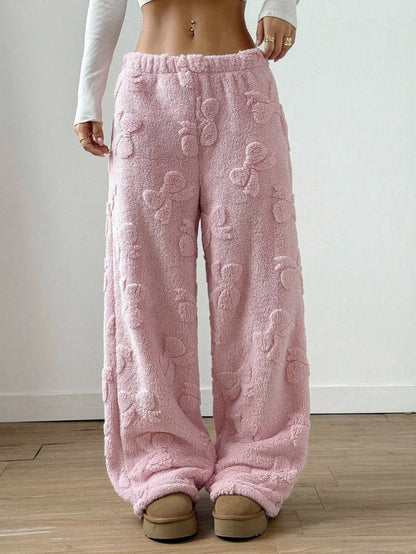 Comfortable Pink Sherpa Fleece Pants for Women with Elastic Waist Wide Leg Cozy Style