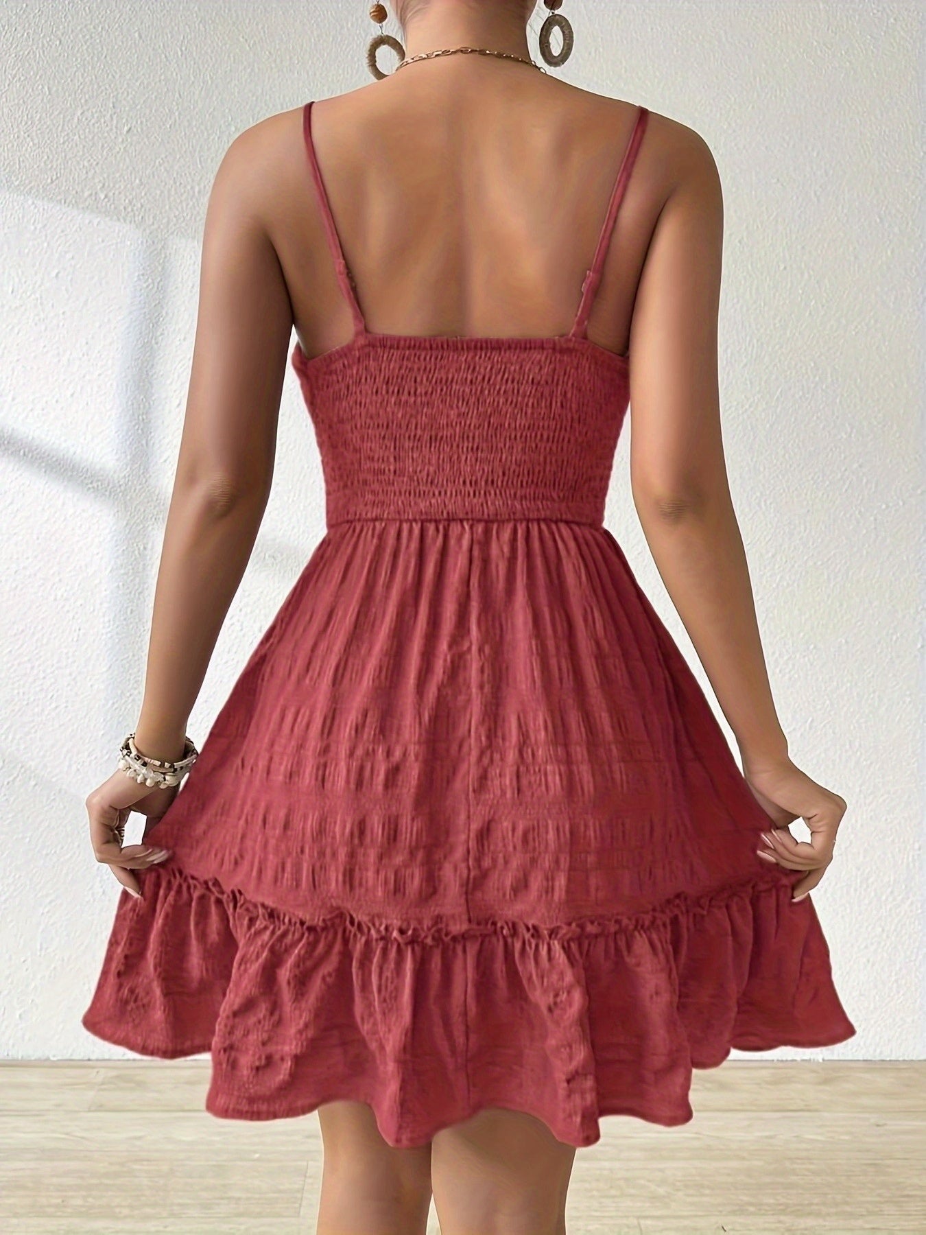 Effortless Textured Mini Dress for Women with Square Neck Spaghetti Strap Smocked Tiered Boho Style