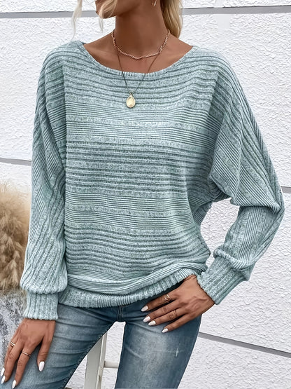 Comfortable Ribbed Knit Sweater for Women with Boat Neck Batwing Sleeve Oversized Relaxed Style