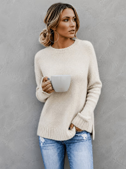 Comfortable Heathered Knit Sweater for Women with Crew Neck Bell Sleeve Side Slit Relaxed Oversized Style