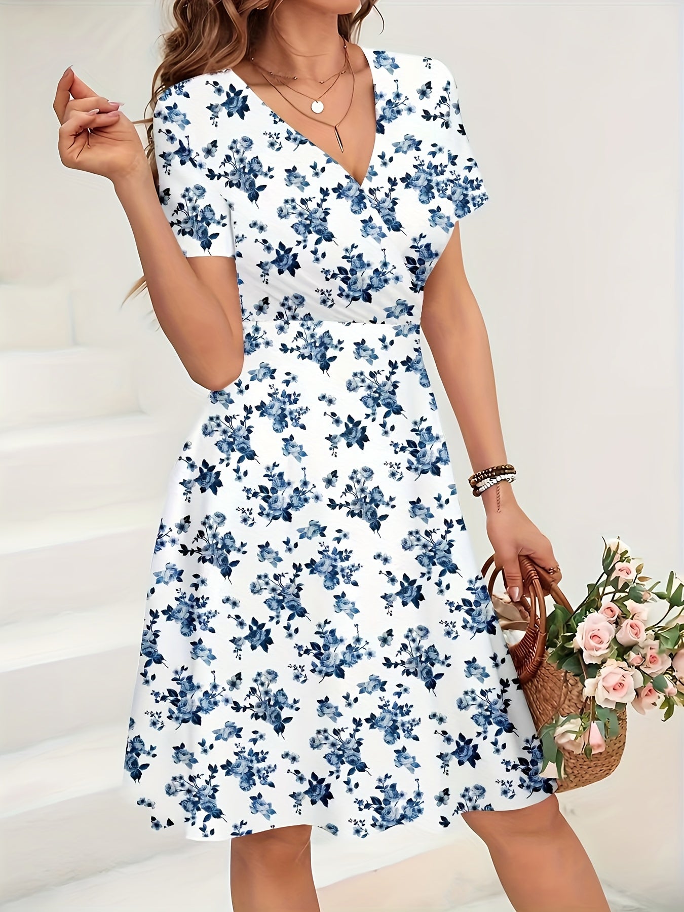 Effortless Blue Floral Midi Dress for Women with V Neck Short Sleeve Wrap Fit and Flare Style