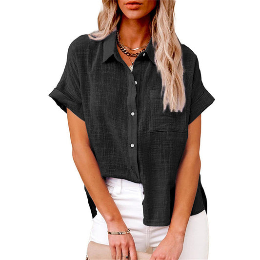 Effortless Linen Blouse for Women with Collar Short Sleeve Button Front Relaxed Style