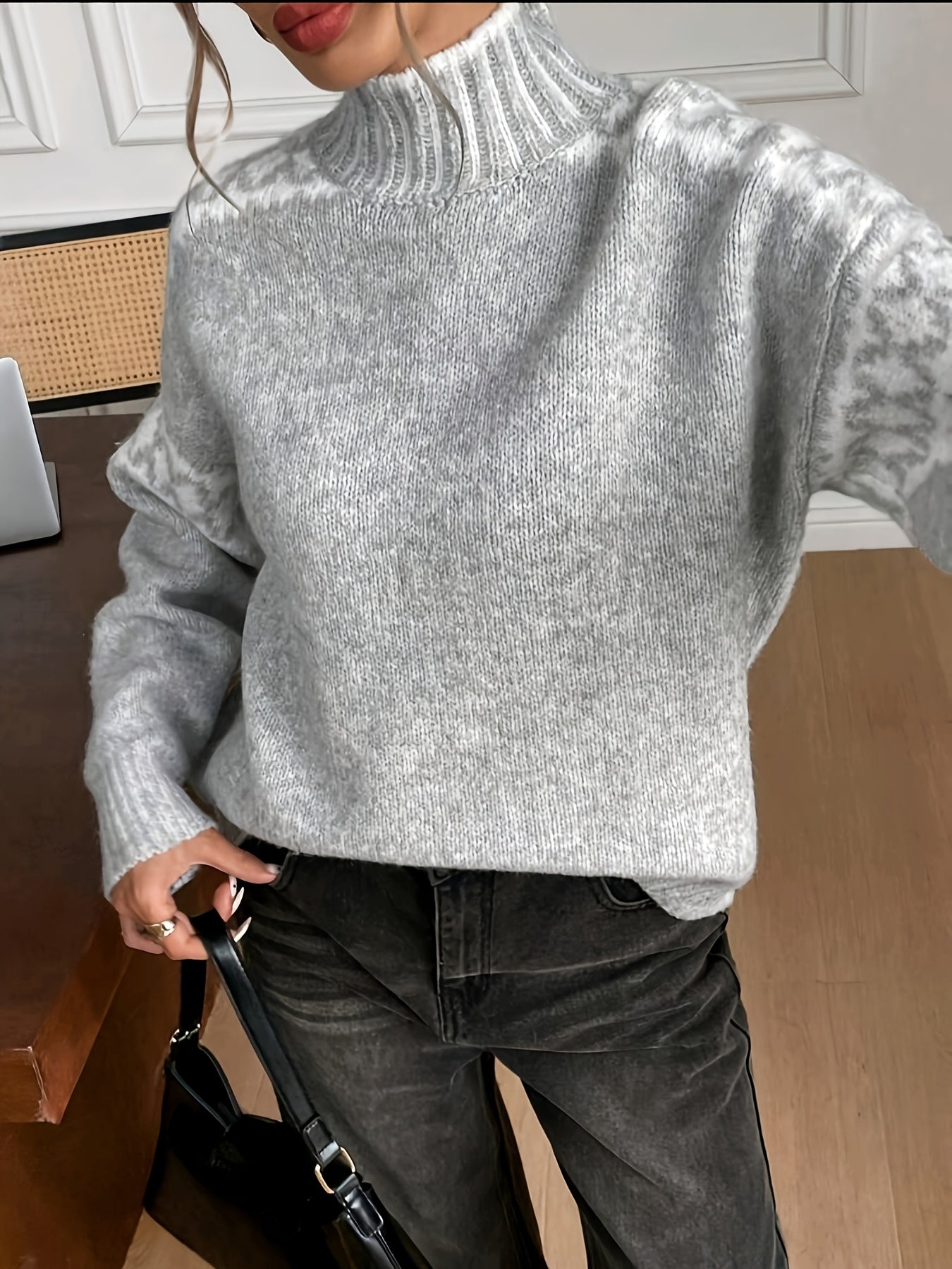 Comfortable Grey Jacquard Sweater for Women with High Neck Long Sleeve Relaxed Oversized Knit Style