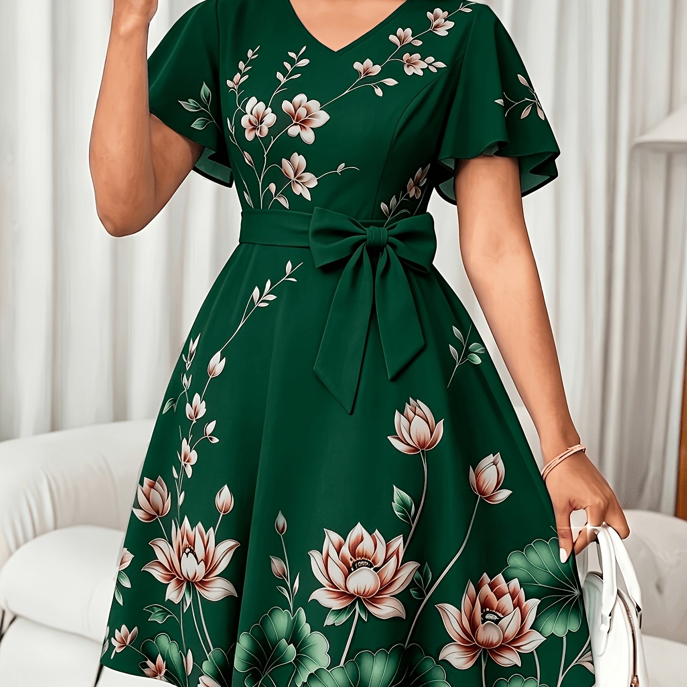 Elegant Floral Midi Dress for Women with V Neck Flutter Sleeve Bow Belt Flowing Style