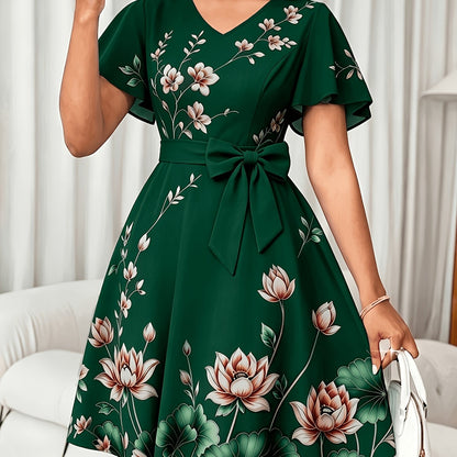 Elegant Floral Midi Dress for Women with V Neck Flutter Sleeve Bow Belt Flowing Style
