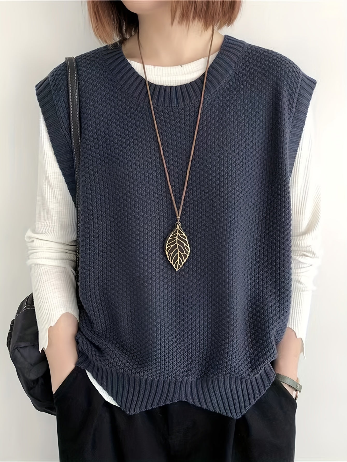 Comfortable Chunky Knit Sweater Vest for Women with Crew Neck Sleeveless Ribbed Trim Oversized Style