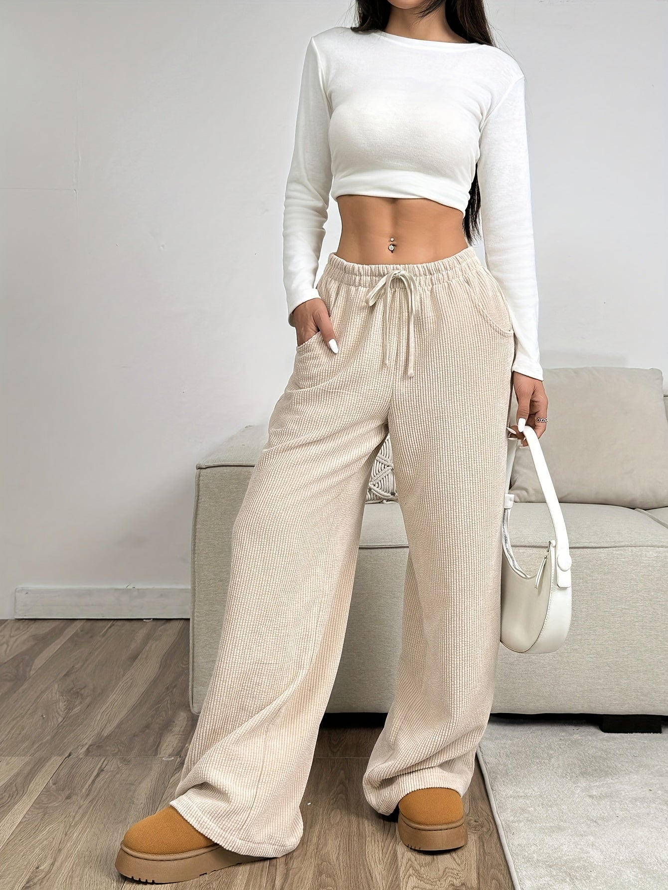 Effortless Apricot Waffle Knit Wide Leg Pants for Women with High Waist Drawstring Pocket Relaxed Casual Style