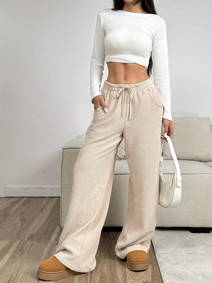 Effortless Apricot Waffle Knit Wide Leg Pants for Women with High Waist Drawstring Pocket Relaxed Casual Style