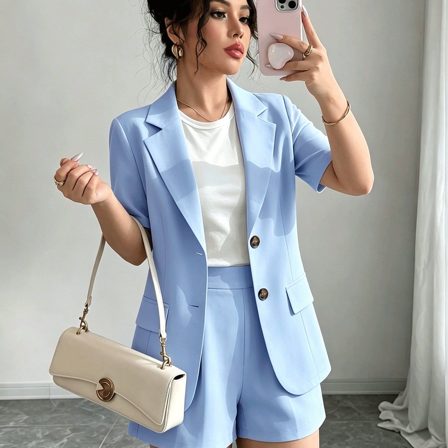 Elegant Tailored Blazer Two Piece Set for Women with Notch Lapel Short Sleeve Button Front Shorts Style