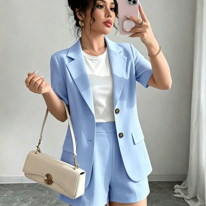 Elegant Tailored Blazer Two Piece Set for Women with Notch Lapel Short Sleeve Button Front Shorts Style